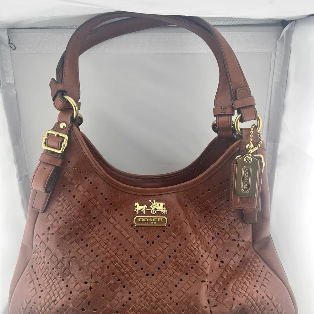 Coach Maggie Madison Criss Cross Brown Leather Shoulder Bag Purse Western Boho - Picture 2 of 10